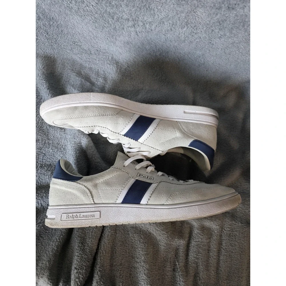 Polo Ralph Lauren Heritage Aera Mens 13 White Suede Navy Blue Sneakers